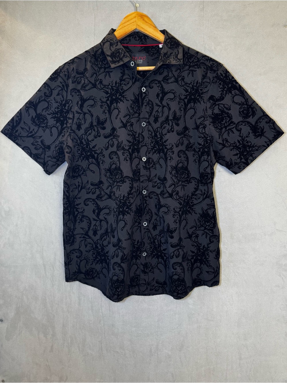 Bruno Luxe Shirt Men’s M Gray Black Velvet Flocked Floral Button Up